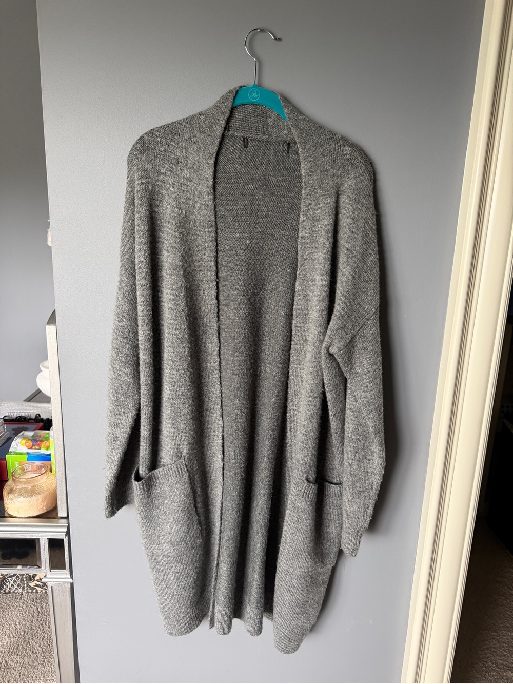 Oversized Grey Open-Front Long Knit Cardigan Sweater